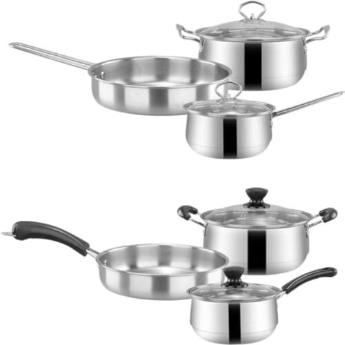 3pcs Stainless Steel Cookware Set Flat Bottom Frying Pan Soup Pot Milk Pot Kit Dropship
