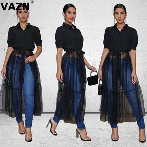 VAZN Special chic dresign 2020 summer sexy lady black solid long T shirt short sleeve button fly grenadine patchwork new T shirt