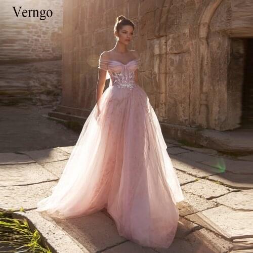Verngo Off the Shoulder Light Pink Tulle Wedding Dress 2021 Chic Handmade Flower A Line Bridal Gowns With Bow Back