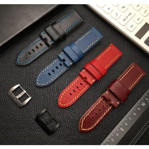 22mm 24mm 26mm top qualty thick vintage Genuine real cow Leather Watchband Handmade Mens For Panerai strap Man buckle logo tool