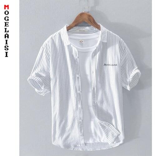 New Fashion men white striped shirt 100% short sleeve tops summer embroidery Breathable shirts for man clothing RC214