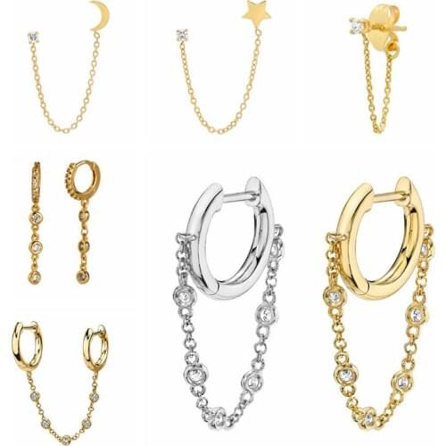 Real 100% 925 Sterling Silver Rainbow Moon Star Hoop Earrings for Women Crystal Zircon Chain Earring Gold Silver Ear Jewelry A30