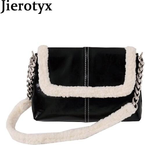 JIEROTYX Fashion Wool Fur Shoulder Bags Women Vintage Ladies Big Shoulders Messenger Bag Black Small Square Bag Free Shipping