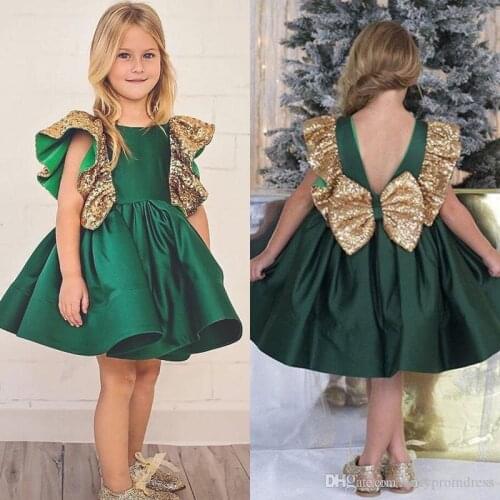 Dark Green Flower Girls Dresses With Bow Knot Sequins Backless Satin Girls Pageant Gowns Knee Length Sleeveless First Communion