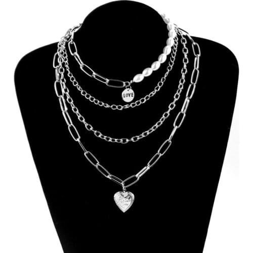 TIMRONLY Exaggerated Multi Layer Love Heart Pendant Necklace Chunky Cuban Chain Coin Love Faux Pearl for Women Romantic Jewelry
