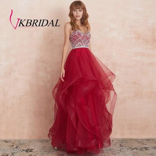 VKBRIDAL Red Tiered Tulle Prom Dresses 2019 New Ball Gowns Beaded Crystals Formal Long Evening Dress