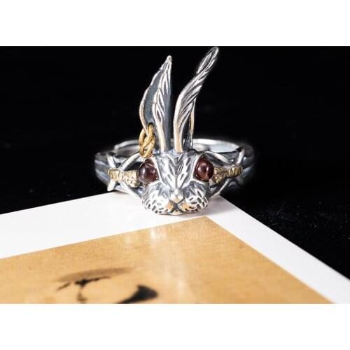 VLA 925 Silver Retro Gold Color Punk Ring Womens Fashion Personality Long Ear Rabbit Ring Adjustable Size Accessories