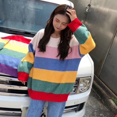 Oversized Ulzzang vintage y2k Unisex Women rainbow Japanese Striped Knit o-neck tops Sweater Hip Hop Female Winter Fashion Retro