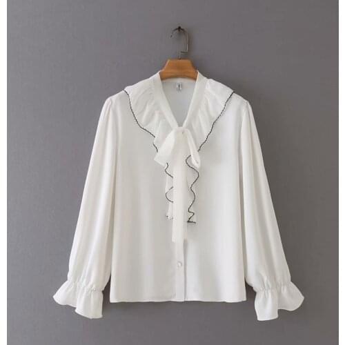 Ruffle bow fashion woman blouses 2021 autumn white Long sleeve chiffon oversized shirt Vintage clothing