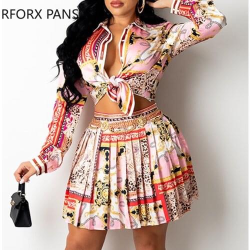 Women Chic Casual Graphic Wrap Button Long Sleeves Pleated Sexy Mini Skirt Sets
