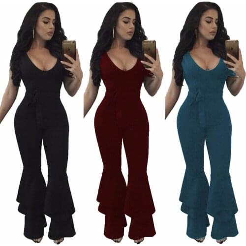 2019 Autumn Women Skinny Jumpsuits Solid color Bow Plus size Sleeveless Rompers S M L XL XXL XXXL
