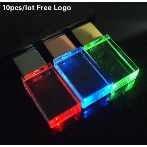 10pcs/lot Pendrive Crystal USB Flash Drive 4gb 16g Usb 2.0 flash disk with LED Light 32gb 64gb Memory Stick Cool Gifts Free Logo