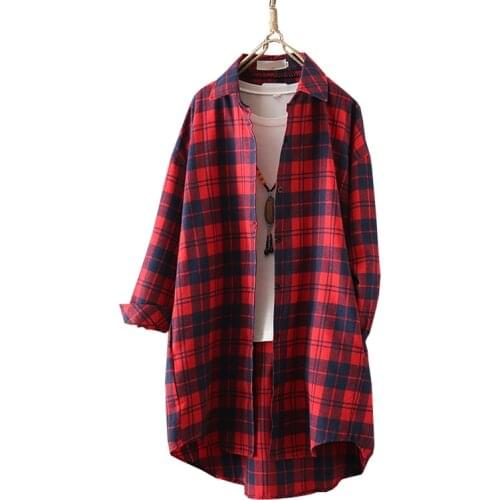 2020 spring red blue plaid shirts female jacket Korean loose student black white medium long section large size shirt Women Tops