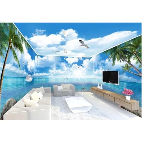 Custom photo 3d wallpaper Blue sky and white cloud beach coconut tree scenery full house backdrop room wallpaper for wall 3 d