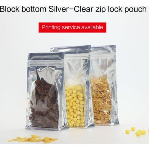 Block bottom stand up pouch with zipper clear front aluminum foil zip lock flat bottom quad seal snacks food packaging bag