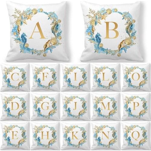 Ocean Starfish Shell Letter Alphabet Decorative Cushion Cover Polyester Throw Pillowcase 45x45CM Sofa Home Decor PillowCover