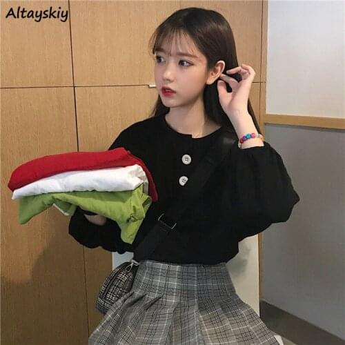 Tees Women Female 2020 Spring Lady Top Casual O-Neck College T-Shirts Loose Black Ins New Fashion BF Button Solid Lantern Sleeve