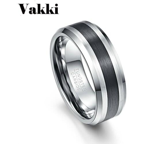 VAKKI Tungsten Carbide Ring 8MM Mens Ring Brushed Finish and Black Center Beveled Edge Size 5 to 14 Wedding Engagement Ring