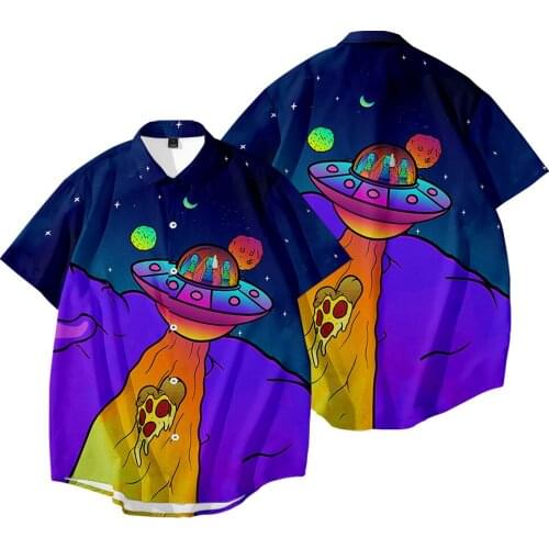 Summer Hawaiian Turn-down-collar Shirts Men Tops Casual Short Sleeve Spaceship Print Shirt Loose Vacation Beach Shirts