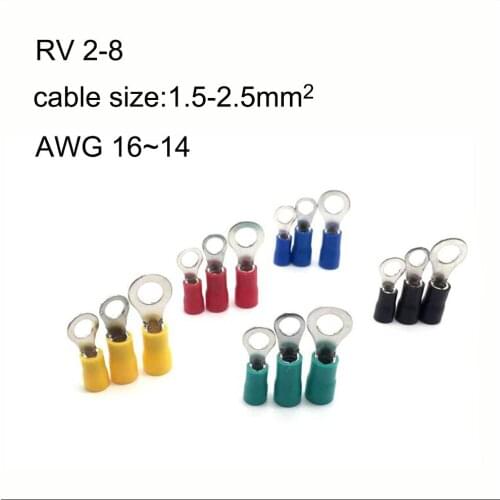 1000PCS copper insulated ring terminal RV2-8/3/4/5/6/8/10/12 AWG16-14 Imax 27A 1.5-2.5mm2 Cold pressed terminal O type