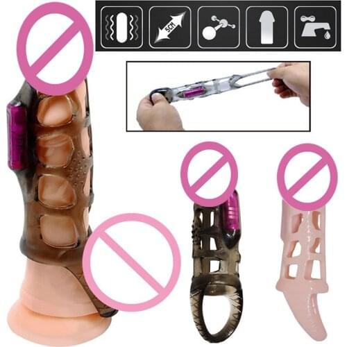 Reusable Vibrating Penis Sleeve Delay Ejaculation Cock Rings Penis Extender Dildo Enhancer Enlargement Sex Toy for Men Sexshop