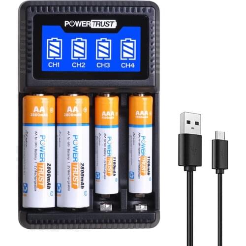 PowerTrust AA,AAA Ni-Mh Rechargeable Battery +LCD 4 Slots Charger for Camera, Calculator, MP3 Player,Remote Control,etc