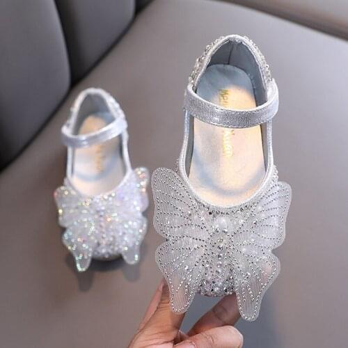 Girls Shoes Fashion Kids Shoes Childrens Lace Butterfly Rhinestone Pearls Beading Performance Single Shoes 2021 New E878