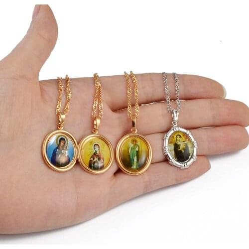 Anniyo (1piece) Charm Mary Pendant Chain Necklaces for Women Girls Virgin Orthodox Religious Jewelry Gifts