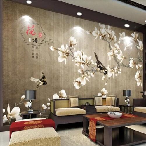 Custom wallpaper 3D mural new Chinese hand-painted pen flower bird white magnolia classical restaurant TV background wall paper