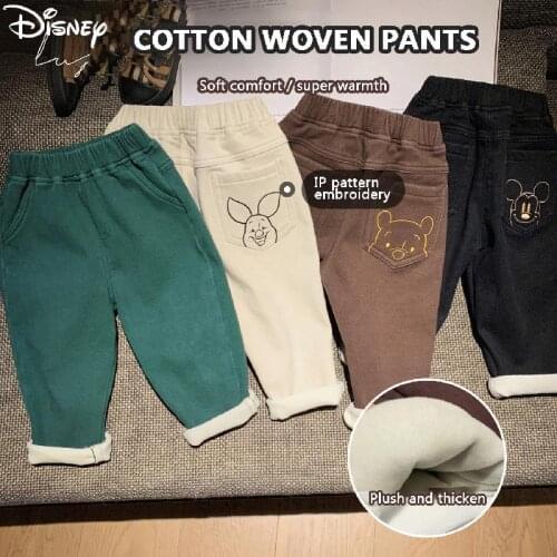 Disney Micky Cartoon Straight Plush Pants Baby Autumn Winter Stripes Embroidery Fleece Bottom Loose Casual Trousers Warm Pants