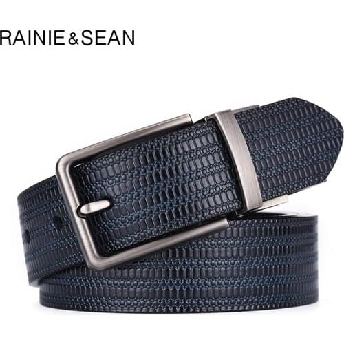 RAINIE SEAN Reversible Belt Leather Men Vintage Genuine Cowhide Belt Pin Buckle Black Formal Embossed Leather Strap Male Belt