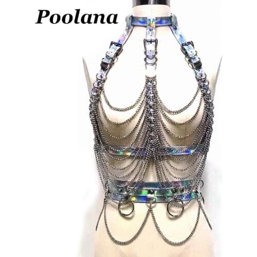 1Set Handmade Punk Gothic Holographic Shiny Reflective Leather Chain Harness Waist Belts Top Stage Performance Dancing Cosplay