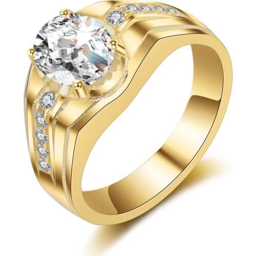 Luxury Yellow Gold Men Ring Oval Cut Diamond Gentleman AAA Zircon Male Rings Wedding Engagement Party Fine Jewelry Gifts