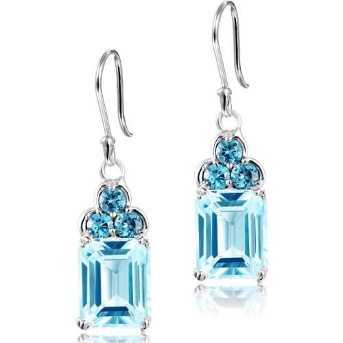 DORMITH real 925 sterling silver earrings 6.2carats 7x9mm Natural sky blue topaz earrings luxury drop earrings for women