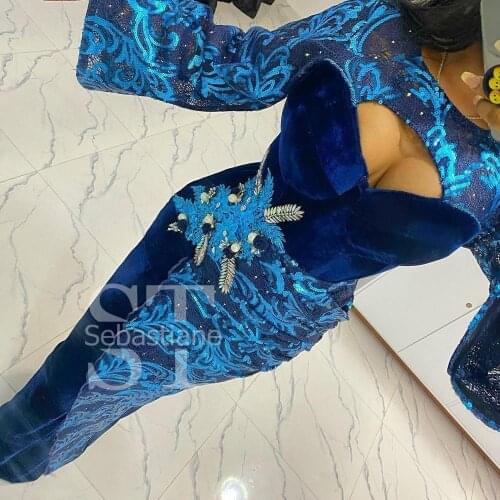Blue Lace Aso Ebi Prom Dresses Long Sleeves Mermaid Women Plus Size Evening Gowns Stitching Sequines Appliques Gown