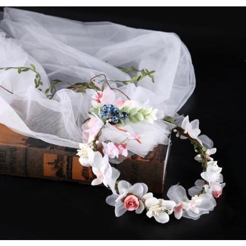 Handmade Blueberry Wreath Tiara White Veil Fabric Flower Bridal Headpiece Wedding Accessories @ME
