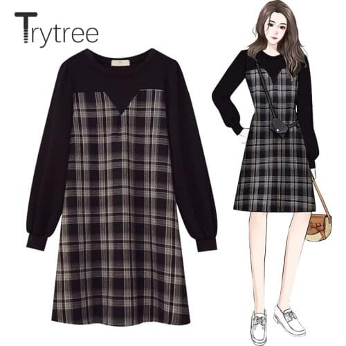 Trytree 2021 Spring Womens Dress Casual Cotton Blend O-neck Black Sleeve Patchwork Plaid A-line Knee-Length Office Lady Dress