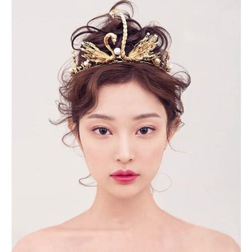 Vintage Bride Crown Women Swan Beads Decor Headdress Shining Princess Wedding Crown JL