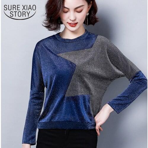 Long-sleeved T-shirt Women Spring 2019 New fashion shirts with O-neck patchwork star and color style womens clothing 2018 50