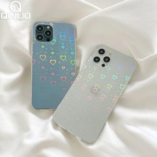 Laser Colorful Heart Hard Clear Phone Case For iPhone 11 12 Pro Max XS SE 2020 X XR 8 7 Plus Shockproof Bumper Transparent Cover
