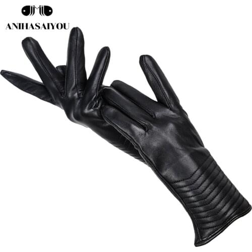 Winter Gloves women Genuine Leather Gloves Brand Black Real Sheepskin womens gloves Lining Warm Driving winter gloves-7022