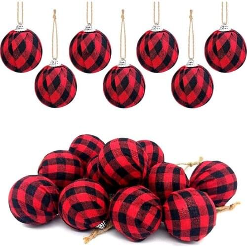 16Pcs Buffalo Check Fabric Ball Christmas Fabric Wrapped Balls Hanging Ornament for Christmas Tree Party Decoration