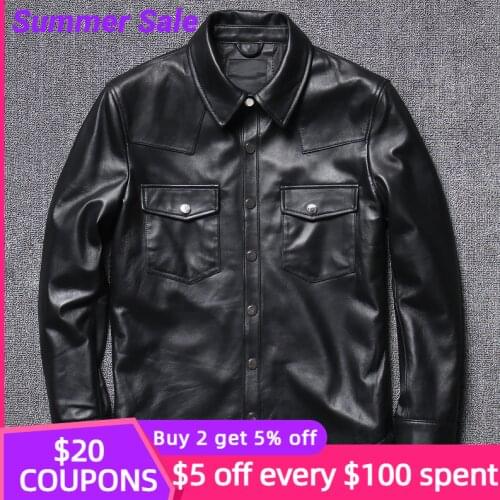 2021 Black Casual Style Genuine Leather Shirt Single Breasted Plus Size 4XL Real Natural Thin Sheepskin Slim Fit Spring Coat