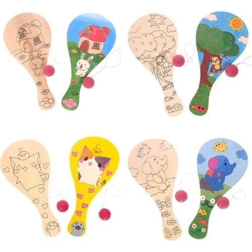 Wooden Racket with 4Patterns for Baby Learning & Developmental Interactive DIY Racket Toy Mini Paddleball with String