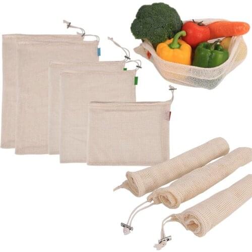 3PC Eco Friendly Reusable Produce Washable Storage Mesh Bags for Fruit Vegetable With Drawstring Organizer