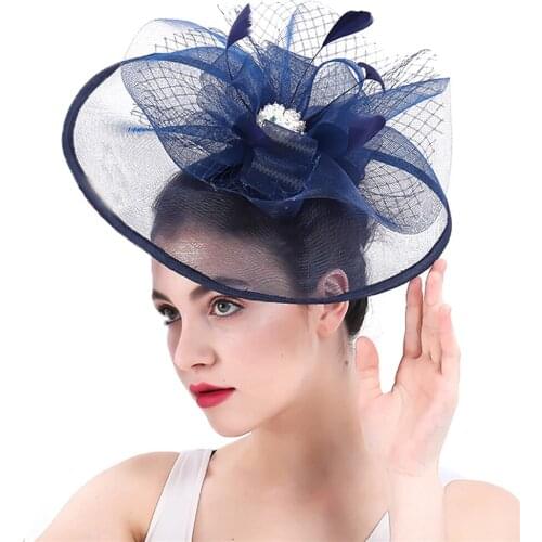 Elegant Women Big Derby Fashion Fascinators Navy Mesh Hats Bride Tulle Hair Accessories Cocktail Race Headband Hair Accessories