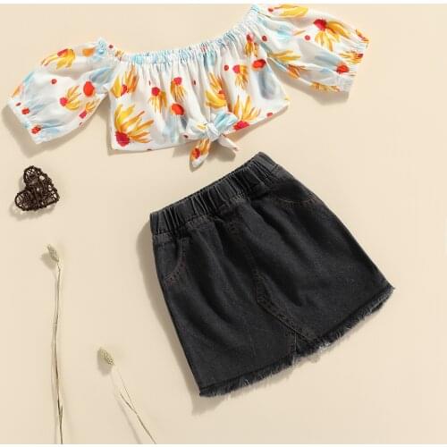 FOCUSNORM 2-7Y Summer Fashion Kids Girls Holiday Clothes Sets Floral Printed Off Shoulder T Shirts Tops Denim Skirts
