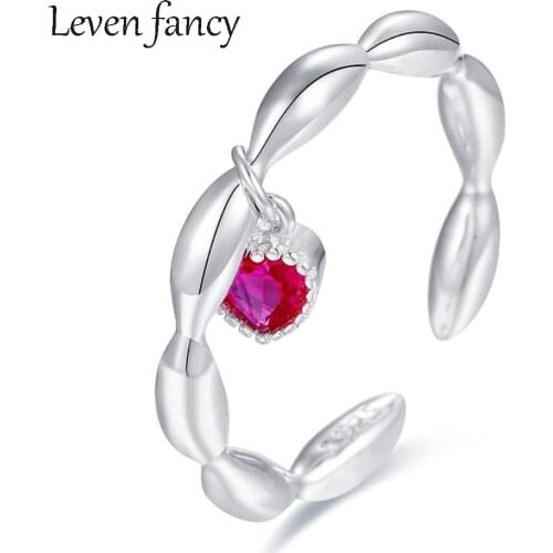 S925 Sterling Silver Pink Created Women Ruby Ring Dangle Heart Charm Ring for Women Wedding Jewelry Anniversary Gifts
