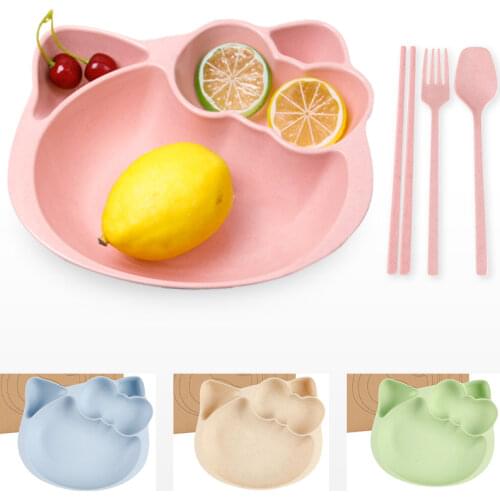 Creative Environmental Protection Cute Cartoon-Shaped Wheat Straw Anti-Slip Childrens Tableware Set Cartoon Cat Four Pieces Set