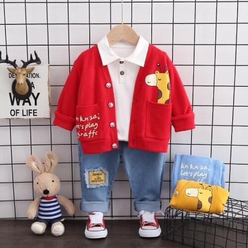 0-5 years baby boy clothing set autumn winter new cartoon giraffe knitted coat sweater jean 3-piece suit baby boy casual suit
